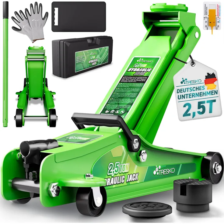TRESKO® Wagenheber hydraulisch 2,5T mit Hubhöhe 85-385mm, flach für tiefergelegte Autos, Tragekoffer, 360° Rollen, inkl. 2x Gummiauflage, Schutzmatte, Handschuhe, Profilmesser