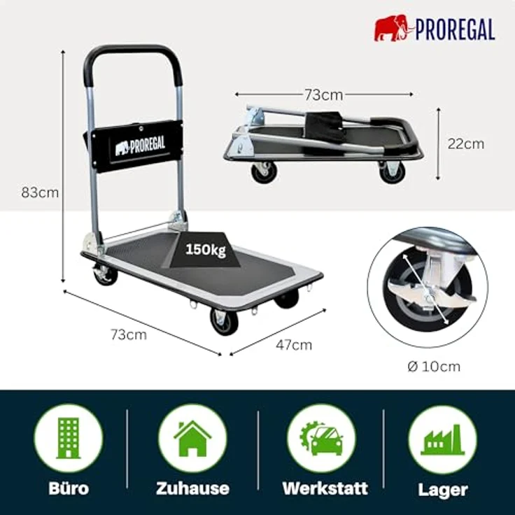 PROREGAL® Transportwagen RHINO, klappbar, 150 kg Traglast, 2x 360° Lenkrollen & 2x Bockrollen mit Feststellbremse, rutschfeste Ladefläche 61x47 cm, inkl. Werkzeugtasche – Bild 6