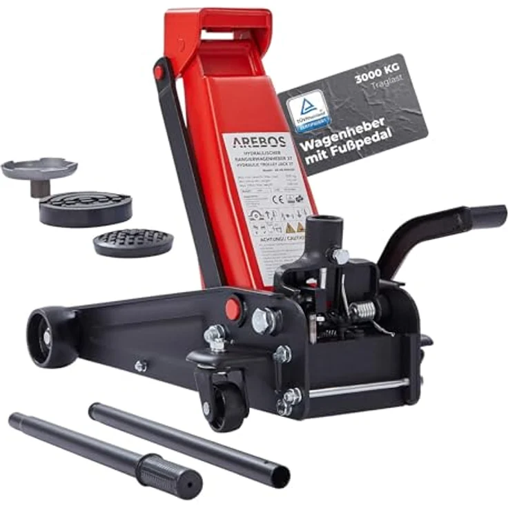 AREBOS 3T Hydraulischer Rangierwagenheber mit integriertem Fußpedal, Unterfahrhöhe 130-508 mm, inkl. 2 Gummi-Auflagen, 360° Rollen – Bild 2