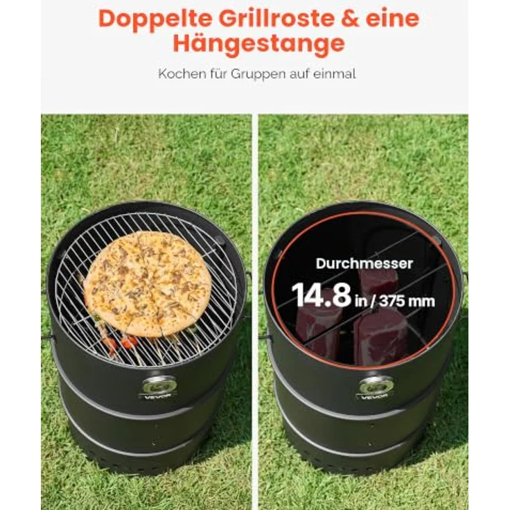 VEVOR Holzkohle-Räucherofen 470 mm, Grilltonne aus beschichtetem Stahl mit 2 Grillrosten, 1 Aufhängestange, 6 Haken, Thermometer für BBQ und Smoken, ideal für Garten & Terrasse – Bild 4