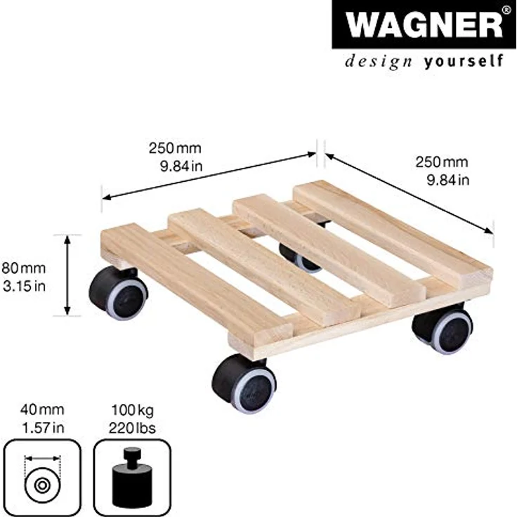 WAGNER Pflanzenroller PALETTI 25 x 25 cm I Pflanzenroller für Innenbereich, BUCHE Natur I Blumenroller aus FSC-Massivholz I Kübelroller aus Holz I Tragkraft 100 kg I Made in EU ? 20009701 – Bild 4