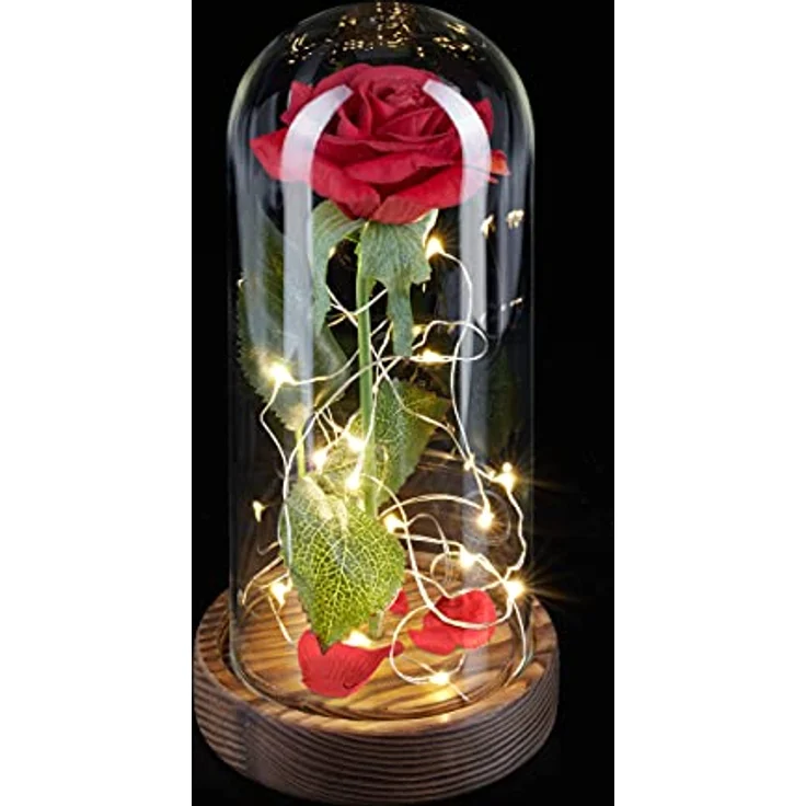 relaxdays Kunstblume Ewige Rose im Glas mit Licht, Höhe 22 cm, handgefertigt aus hochwertigen Materialien, romantische Atmosphäre (Rot) – Bild 2
