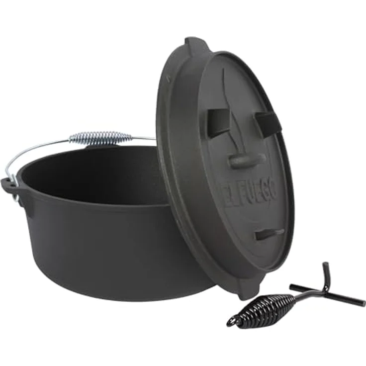 Dutch Oven 9,0 Liter von El Fuego®, 100% Gusseisen, inkl. Schürhaken und Tragebügel, Camping & Outdoor – Bild 4