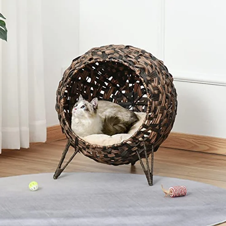PawHut Katzenhöhle aus PE-Rattan, mit Kissen und erhöhten Füßen, braun, für Katzen bis 10 kg – Bild 2