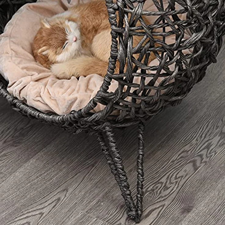 PawHut Katzenhöhle aus PE-Rattan, erhöhte Füße, inkl. Kissen, silbergrau, für Katzen bis 10 kg – Bild 8