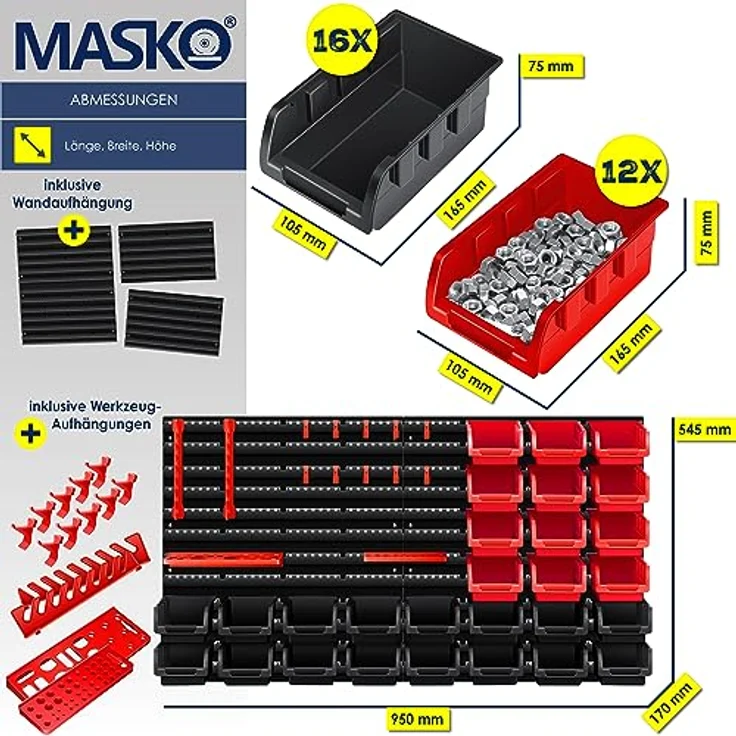 MASKO® Wandregal + Stapelboxen + Werkzeughalter | 45 tlg Box | Erweiterbar | Werkstattregal Lagerregal Steckregal Set Box | Sichtlagerkästen | Kleinteilemagazin | Sortimentskasten | Werkstatt | – Bild 2