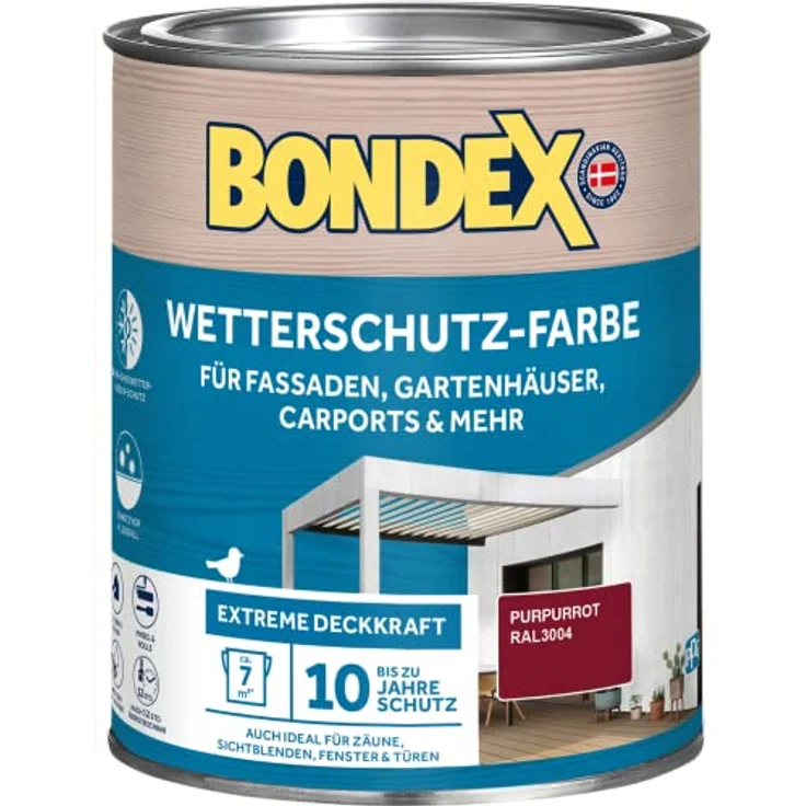 Bondex Wetterschutz Farbe Purpurrot (RAL3004) 0,75 L für 7 m² | Extreme Deckkraft | Hervorragende Witterungsbeständigkeit | seidenglänzend | Wetterschutzfarbe | Holzfarbe – Bild 1