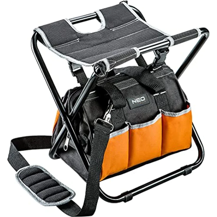 NEO TOOLS Klapphocker mit Werkzeugtasche, 6 Außentaschen, 33.8 x 33.5 x 30 cm, gepolsterter Boden, verstellbarer Schultergurt – Bild 1