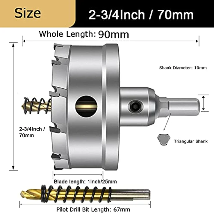 ASNOMY 70mm TCT-Hartmetall-Lochsäge, präziser Bohrer für Edelstahl, Eisen, Holz und Kunststoff, 3-Klingen-Design, 25mm Schnitttiefe, titanbeschichtet – Bild 4