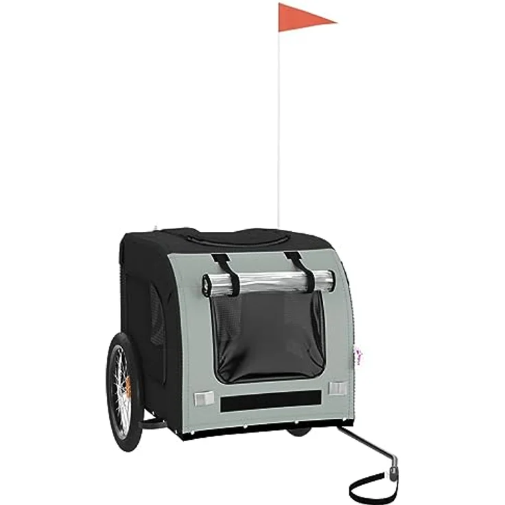 vidaXL Fahrradanhänger für Hunde, Hundeanhänger mit Reflektoren Flagge, Hundetransporter Maximale Belastbarkeit 45kg, Grau Schwarz Oxford-Gewebe Eisen – Bild 1
