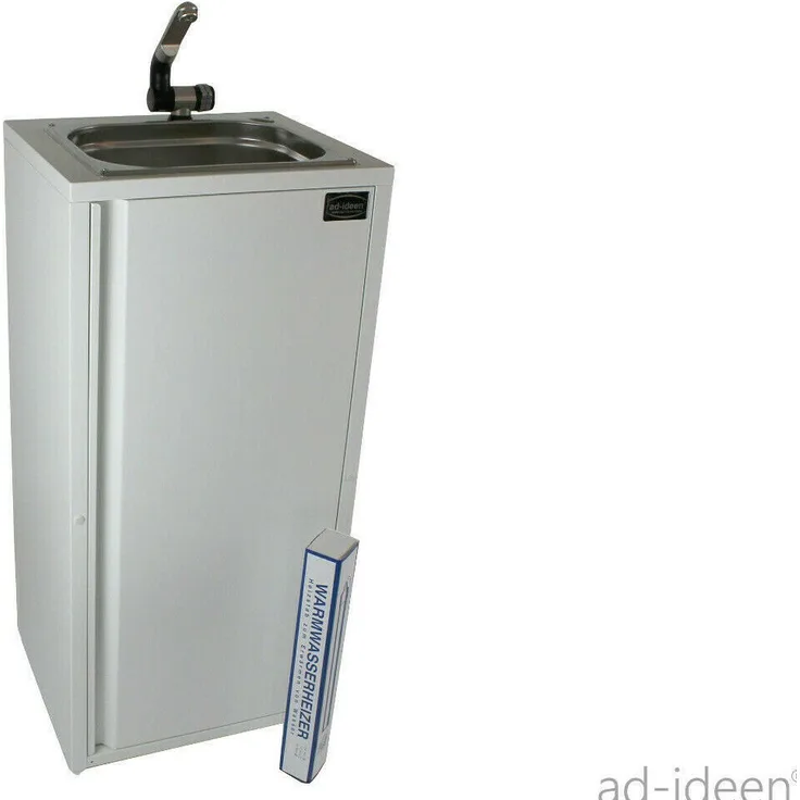 ad-ideen Mobiles Handwaschbecken mit Warmwasser, Edelstahl Spüle 325 x 265 mm, Farbe Weiß, inkl. Automatik Wasserhahn und 10L Wasserkanister