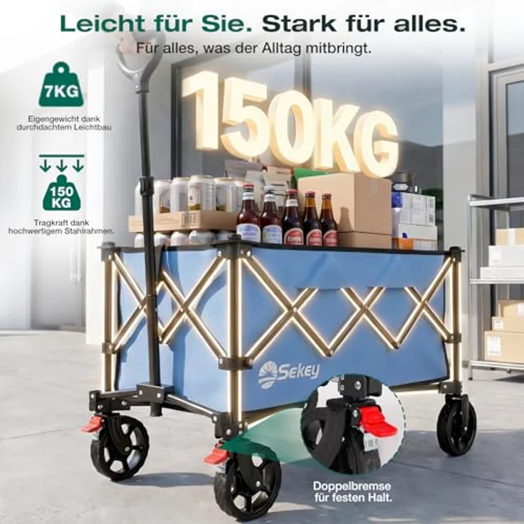 Sekey Bollerwagen Faltbar XXL 4026, 135L Volumen, 150KG belastbar, klappbar mit Geländereifen und Bremse, blau – Bild 5