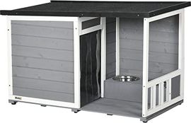 PawHut Hundehütte aus Holz, Hundehaus mit 2 Schüsseln, Terrasse, Outdoor Hundehaus Kleintierhaus für kleine Hunde mit Asphaltdach, für Draußen, Wetterbeständig, Grau, 103 x 62 x 60-66 cm