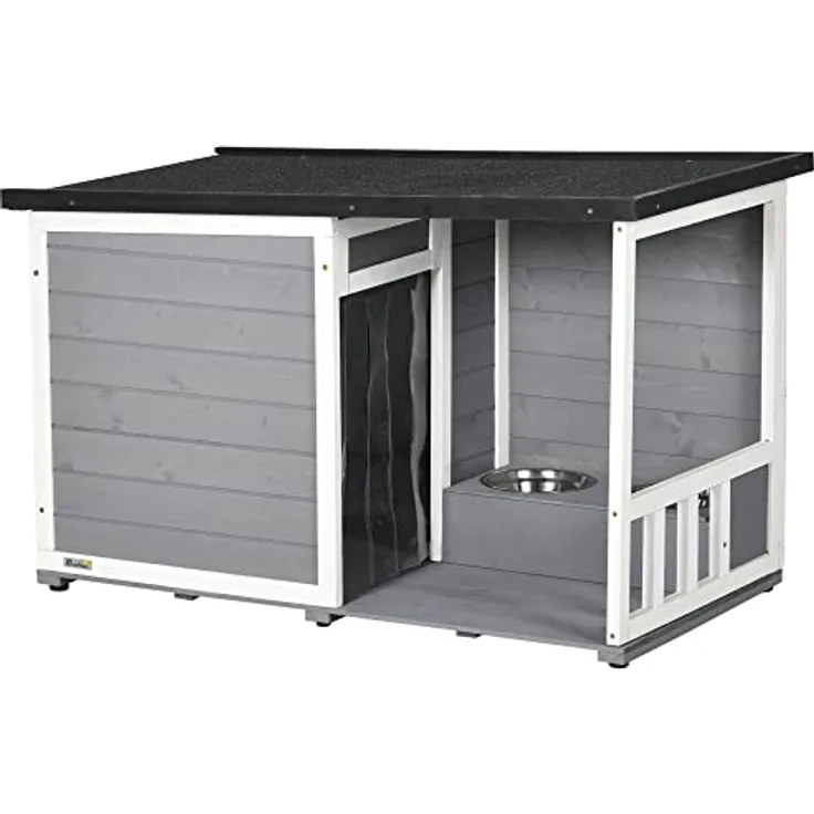 PawHut Hundehütte aus Holz, Hundehaus mit 2 Schüsseln, Terrasse, Outdoor Hundehaus Kleintierhaus für kleine Hunde mit Asphaltdach, für Draußen, Wetterbeständig, Grau, 103 x 62 x 60-66 cm