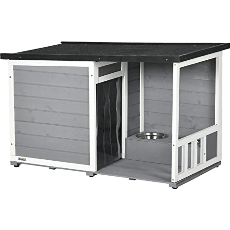 PawHut Hundehütte aus Holz, Hundehaus mit 2 Schüsseln, Terrasse, Outdoor Hundehaus Kleintierhaus für kleine Hunde mit Asphaltdach, für Draußen, Wetterbeständig, Grau, 103 x 62 x 60-66 cm – Bild 1