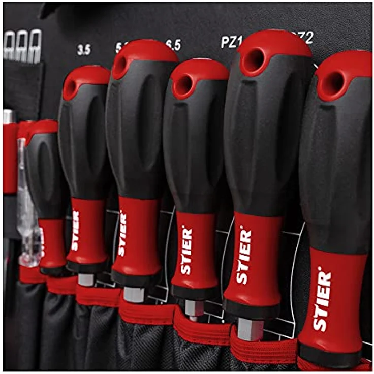 STIER Universal-Werkzeugsortiment im Aluminiumkoffer 144-teilig, Werkzeugkoffer bestückt gefüllt, Werkzeug Set, 4 Fächer mit Schraubendrehern, Scheren, Zangen, Säge u.v.m. – Bild 5