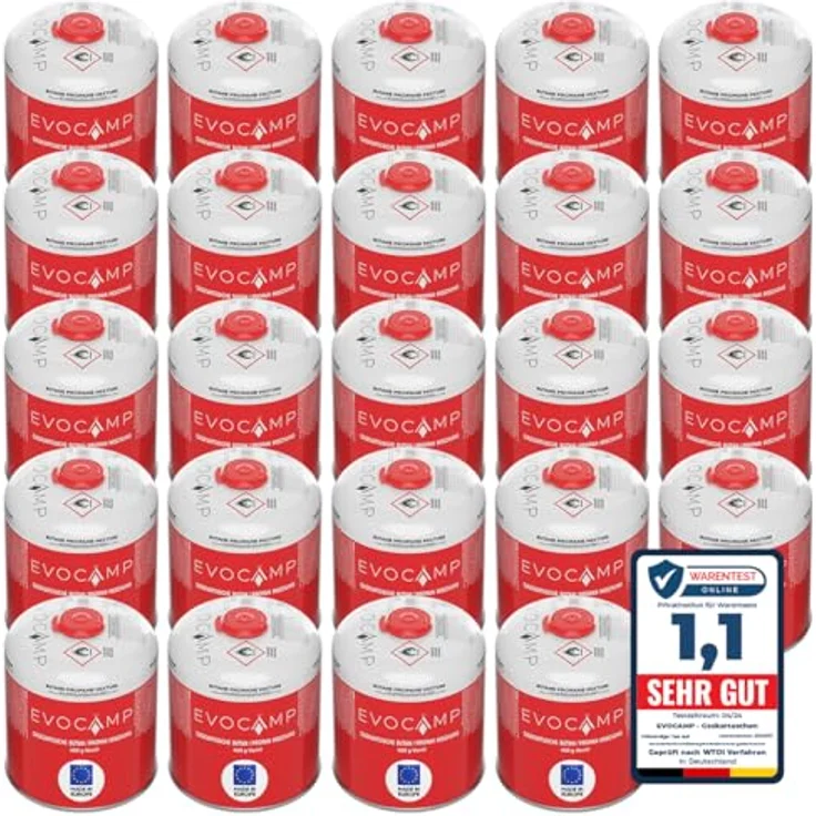 EVOCAMP 24x Propan Butan Gaskartuschen 450g, Schraubkartuschen mit Sicherheits-Verschlussautomatik für Weber Grills Q100/1000-Serien, Eurogewinde 7/16" – Bild 1