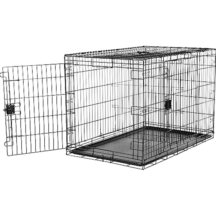 Amazon Basics Zusammenklappbarer Hundekäfig aus Metalldraht mit Bodenschale, Doppeltür, 122 cm, Schwarz