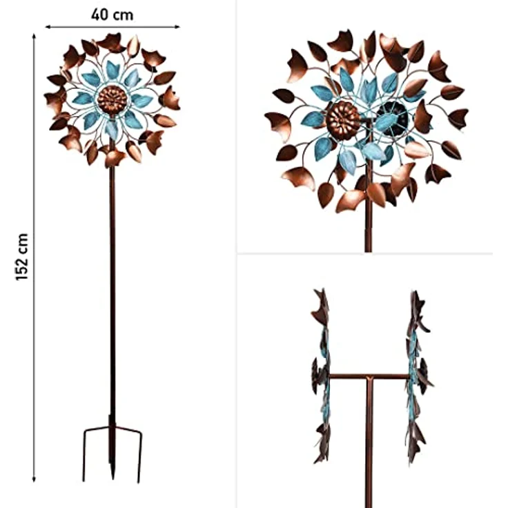Kinetic Art Copper Leaf Duett, Metall Windspiel mit Bodenanker, 3D-Optik, zwei Rotoren, wahlweise mit LED in Glaskugel, hochwertige Garten-Deko – Bild 2
