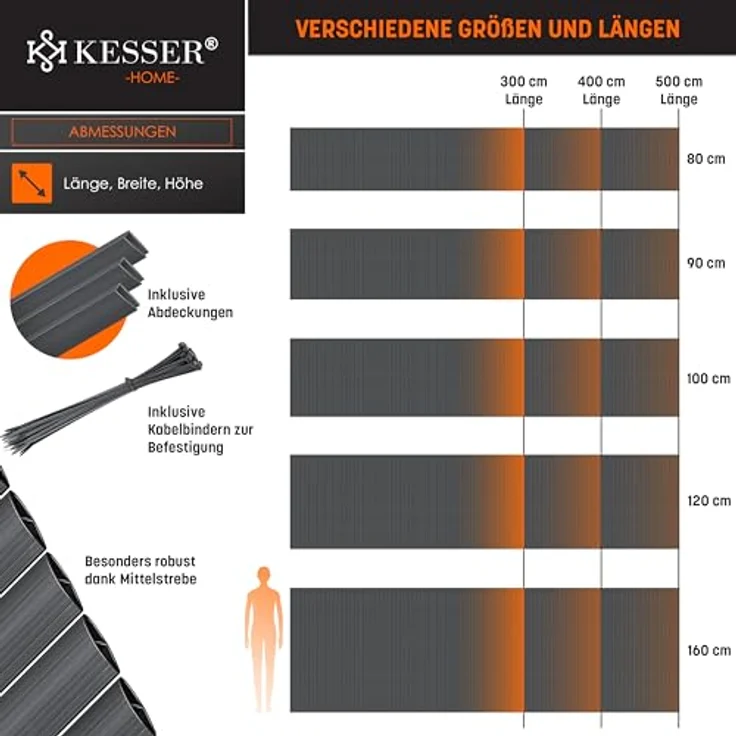 KESSER PVC Sichtschutzmatte Sichtschutzzaun Balkonverkleidung Windschutz Wetterfest verstärkten Lamellen, für Garten, Balkon Terrasse Outdoor Balkonumrandung mit Kabelbindern Schwarz, 100 x 300 cm – Bild 7