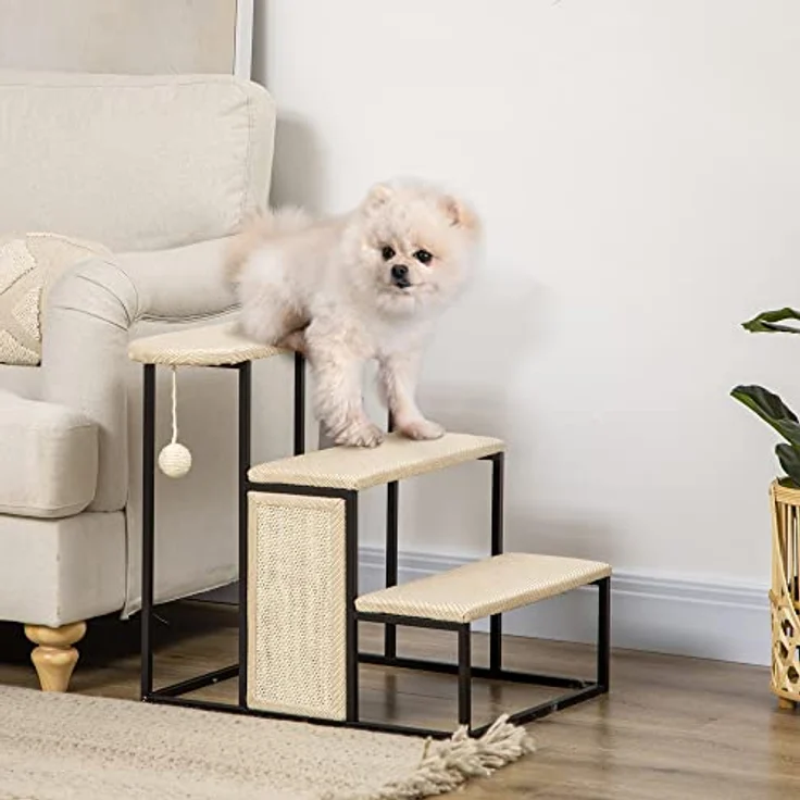 PawHut Haustiertreppe 3-stufige Katzentreppe Hundetreppe mit Kratzbrett und Spielball Einstieghilfe Praktische & Leichte Tiertreppe Stahl Sisal Cremeweiß+Schwarz 51 x 54 x 53cm – Bild 2
