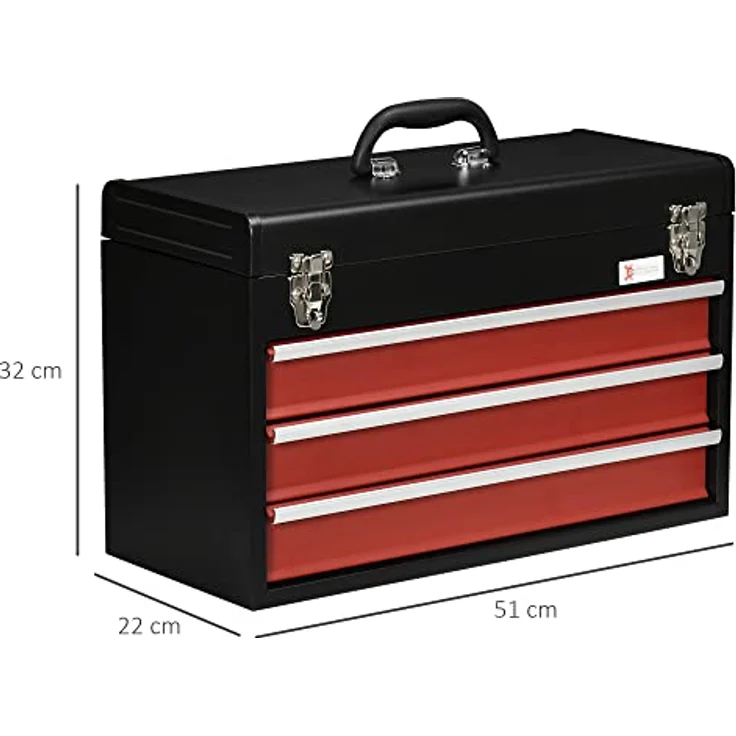 Durhand Werkzeugbox Werkzeugkoffer mit 3 Schubladen, abschließbar, schwarz-rot, aus robustem Stahl, 51x22x32 cm – Bild 7