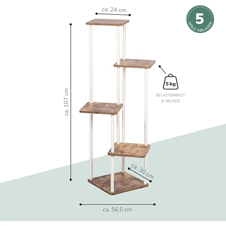 eluno Blumenständer, dekoratives Blumenregal aus FSC-zertifiziertem MDF-Holz und weißem Metall mit 5 Ablagen, max. 5 kg pro Platte, höhenverstellbar – Bild 7