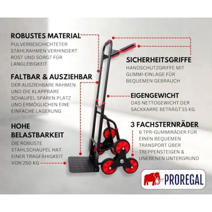 PROREGAL® Treppensackkarre TAURUS 250kg Stahlrahmen ergonomische Griffe Gummiräder, pulverbeschichtet rot/schwarz – Bild 5