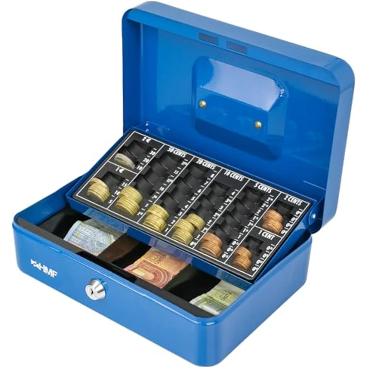 HMF 10022-05 Geldkassette abschließbar mit Münzzählbrett | 25 x 18 x 9 cm | Blau, Sicherheitszylinderschloss und herausnehmbarer Münzeinsatz – Bild 4