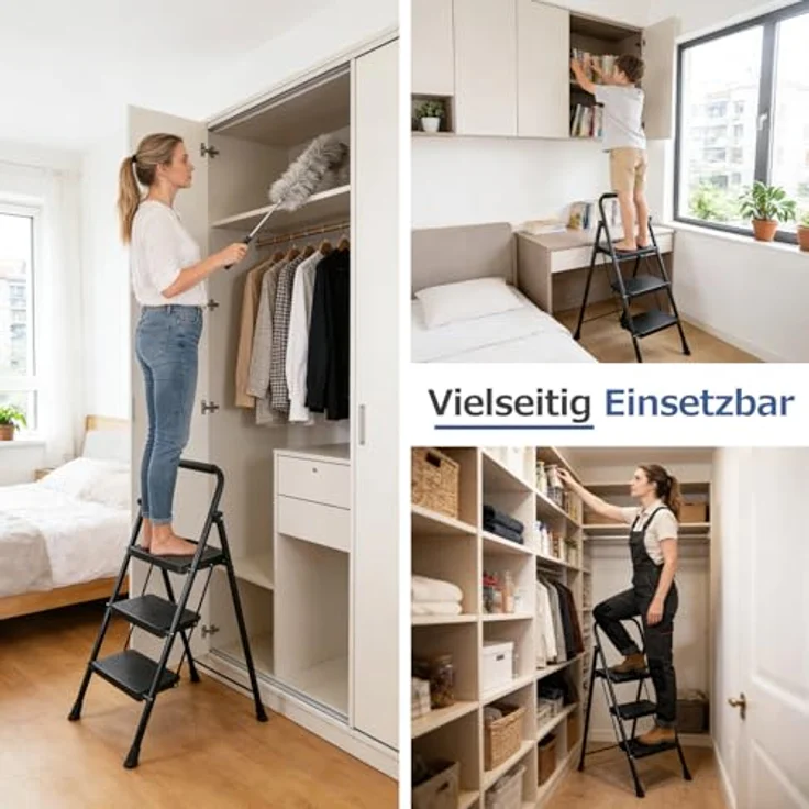 Sekey Trittleiter Klapptritt Faltbar 3 Stufen mit 36 cm XXL-Trittstufen, Anti-Rutsch, bis 150 kg, Haltebügel und rutschsicheren Fußkappen – Bild 8