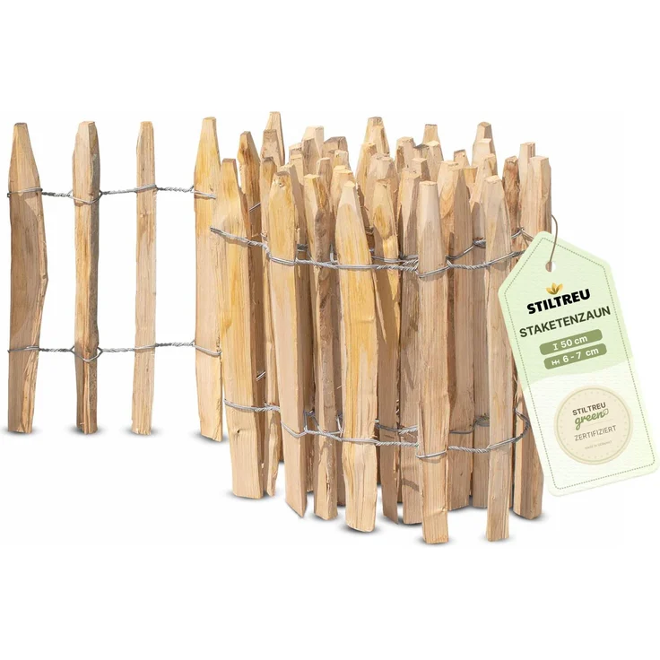 STILTREU Französischer Premium Staketenzaun Kastanie, 5 Meter lang, 50 cm hoch, Lattenabstand 6-7 cm, witterungsbeständig und pflegeleicht – Bild 1