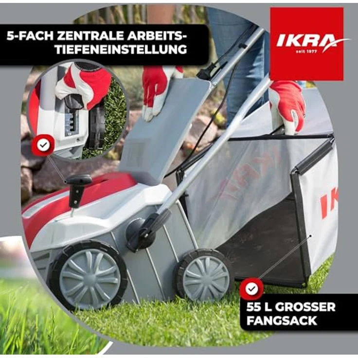 IKRA Elektro Vertikutierer IEVL 2000, 2-in-1 Rasenlüfter mit 55l Fangkorb, 40cm Arbeitsbreite, 2000 Watt Motor – Bild 3