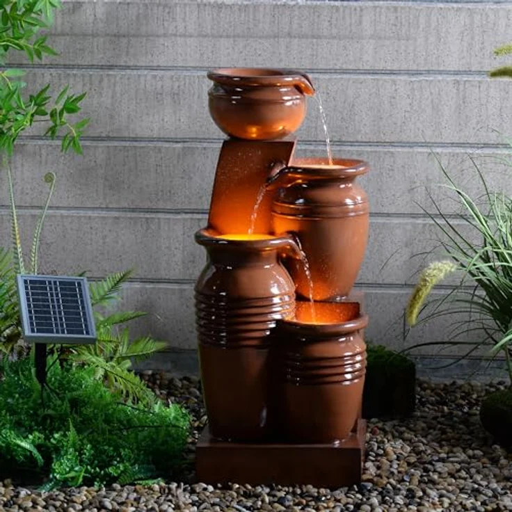 Teamson Home Solar Kaskadenbrunnen 4 Stufen Terrakotta, mit solarbetriebenen LED-Lichtern – Bild 2