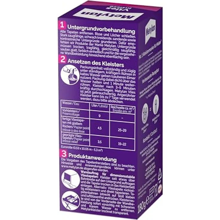 Metylan Vlies, Tapetenkleister für Vliestapeten mit glatter oder strukturierter Rückseite, einfach zu verwendender Tapetenkleister, Kleister mit hoher Ergiebigkeit, 1x180g – Bild 2