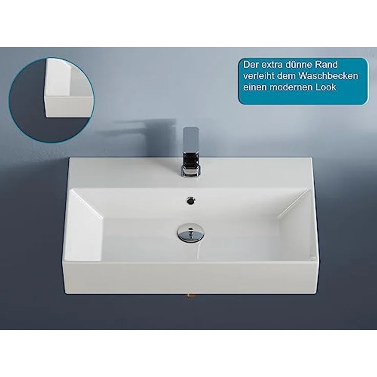 Aqua Bagno | Eckiges Design Waschbecken, hochwertige weiße Keramik, genormte Anschlüsse, Badezimmer | 700 mm x 420 mm – Bild 3
