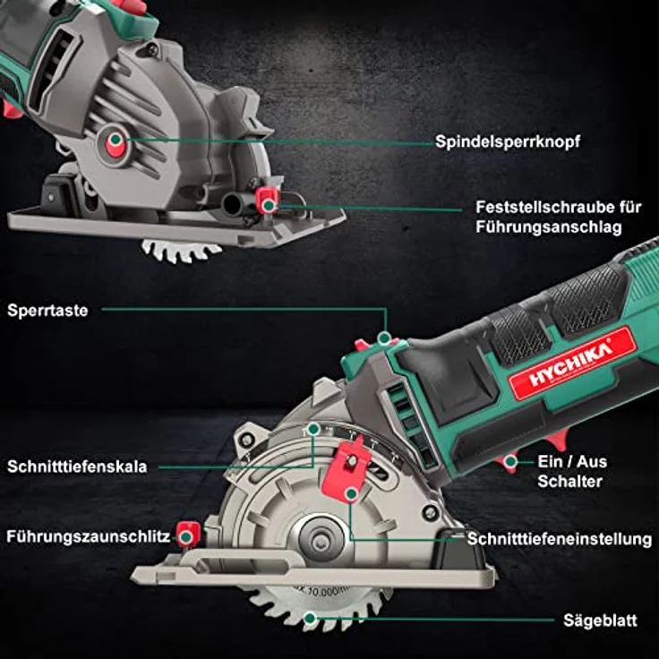 Mini Kreissäge, HYCHIKA Handkreissäge mit 3 Sägeblättern, Skalenlineal, 500W Motor aus reinem Kupfer, 4500RPM, Ideal für Holz-, Weichmetall-, Fliesen- und Kunststoffschnitte – Bild 2