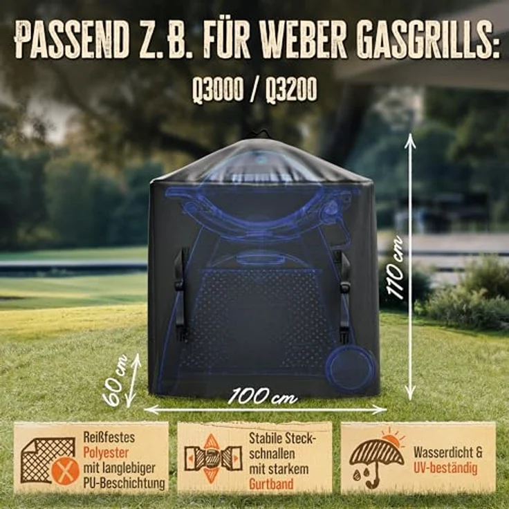 AMZBBQ® Premium Grillabdeckung, 100% wasserdicht und UV-beständig, 100 x 110 x 60 cm, für Gas- und Elektrogrill, passend für Weber Q3000/Q3200 – Bild 2
