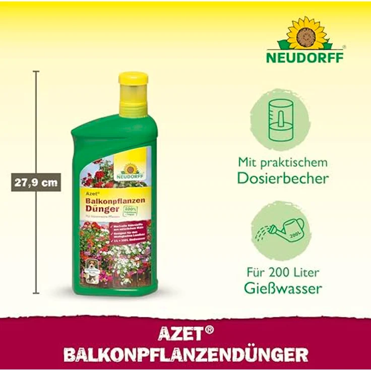 Neudorff Azet BalkonpflanzenDünger 1L, 100 % organischer und veganer Flüssigdünger für üppige Balkonkästen und Kübel, mit praktischem Dosierbecher – Bild 3