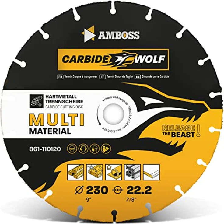 Amboss Carbide Wolf Ø 230mm, Multi Hartmetall Trennscheibe für Winkelschleifer - für Holz mit Nägeln, Kunststoff, Gips - selbstschärfend und rückschlagfrei – Bild 1