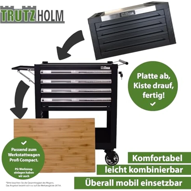TRUTZHOLM Werkstattwagen Werkzeugkiste 4 Schubladen ca. 68 x 46 cm leer schwarz Aufsatz Werkzeug, Vollauszug – Bild 6