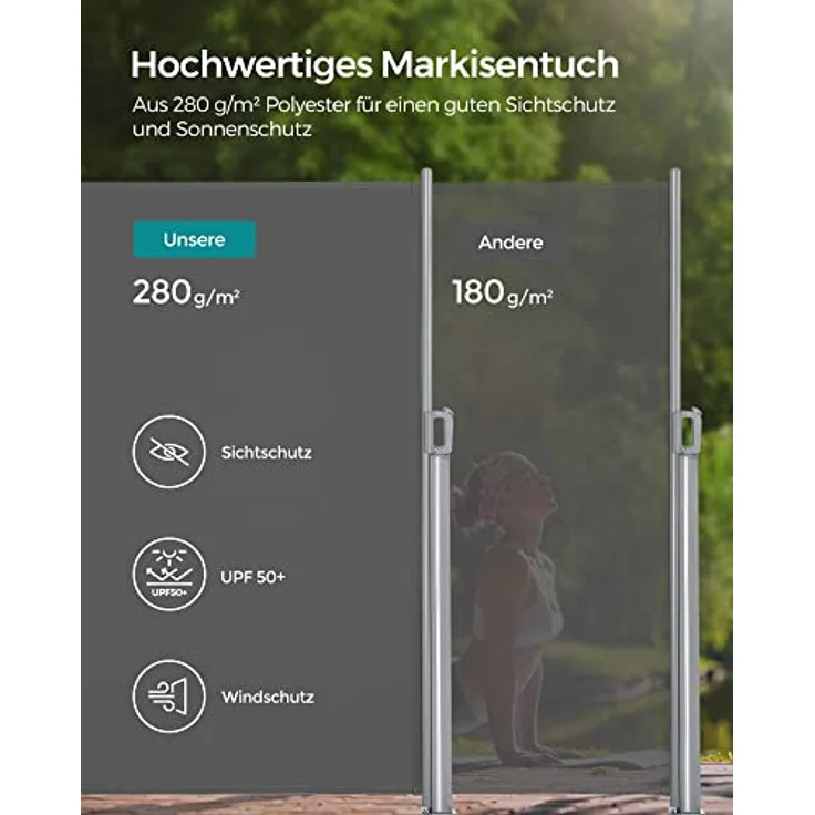 Seitenmarkise, 180 x 400 cm (H x L), Sichtschutz, Sonnenschutz, Seitenrollo, für Balkon, Terrasse, Garten, grau GSA184G - Grau – Bild 4
