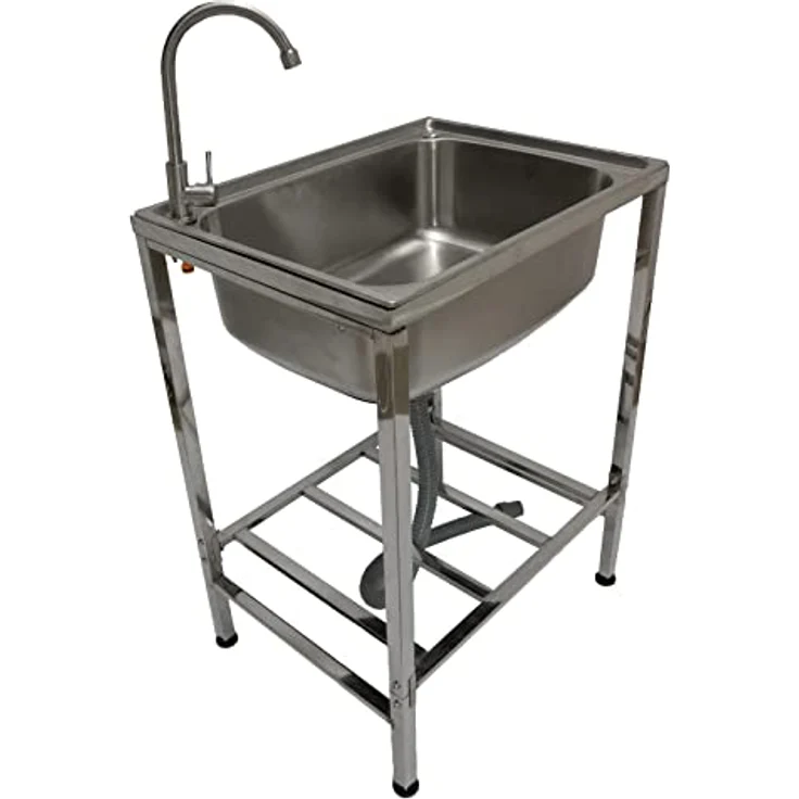 Edelstahl-Metall-Camping-Spüle mit Wasserhahn und Abflussrohr Outdoor-Waschbecken freistehend tragbar – Bild 3