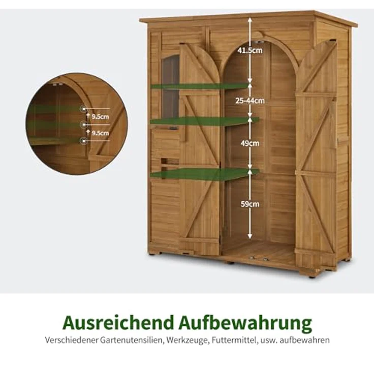 M MCombo Gartenschrank Geräteschuppen Holz Wetterfest, Gartenhaus Outdoor Wasserdicht Begehbar für Außenbereich Balkon Terrasse, Aufbewahrungsschrank mit 3 Regale 73×144×185 cm (Natur) – Bild 4