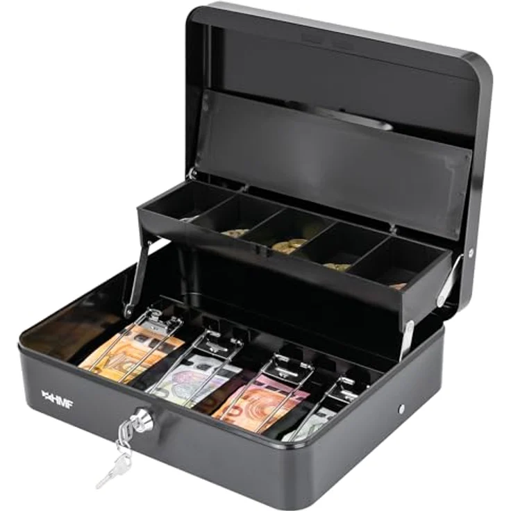 HMF 15230-02 Geldkassette abschließbar mit Münzeinsatz, 4 Scheinfächern und Tragegriff, Schwarz, 30 x 24 x 9 cm – Bild 2