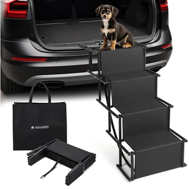 Navaris Faltbare Auto-Hundetreppe - 4 stufige Hundetreppe - Stabile Hundeleiter - Mit Tragetasche - 36 cm breit - Schwarz
