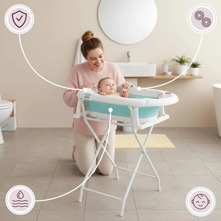 Moby-System Faltbare Babybadewanne mit Thermometer und Ständer, ergonomisch, mint – Bild 5