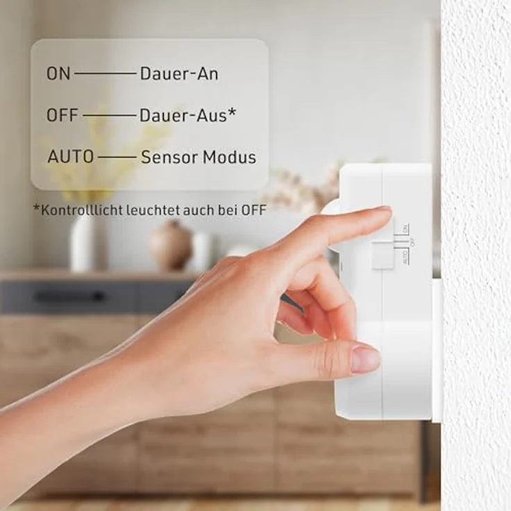 Oktaplex lighting Bewegungsmelder Sia, Steckdose mit PIR Sensor, 9 m Reichweite, 120 Grad Erfassung, 3 Betriebsmodi, weiß (2-St) – Bild 3