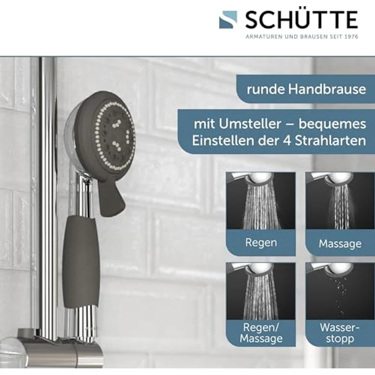 Schütte Handbrause VITAL, mit 4 Strahlarten, rutschfestem Griff, Duschbrause, Chrom/Schwarz – Bild 2