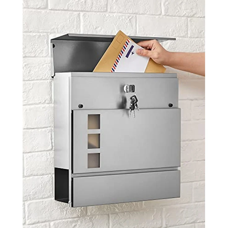SONGMICS XXL Briefkasten GMB052S02, silberner Postkasten mit Zeitungsfach, Sichtfenster, abschließbar, inkl. 2 Schlüssel, einfache Montage – Bild 4