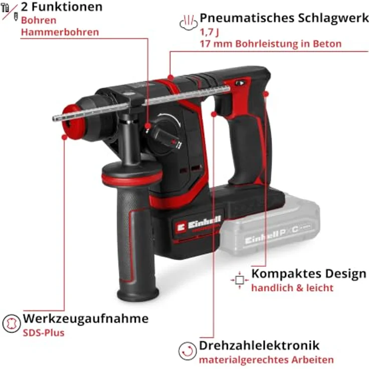 Einhell Professional Akku-Bohrhammer TP-HD 18/17-C Li BL - Solo, Bürstenloser Motor, SDS-Plus-Werkzeugaufnahme, 2 Funktionen, 1,7 J Schlagkraft – Bild 3